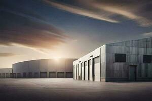 a large warehouse building with a sky background. AI-Generated photo