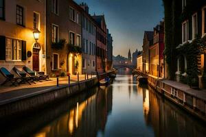 un canal en brujas, Bélgica a oscuridad. generado por ai foto