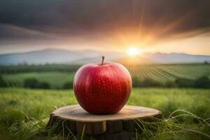 a red apple on a stump in a field. AI-Generated photo