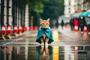 a cat wearing a blue cloak on a rainy street. AI-Generated photo