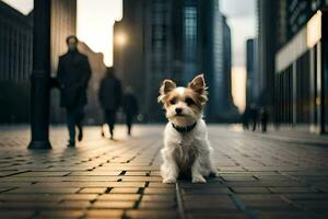 a small dog is sitting on the sidewalk in front of a city. AI-Generated photo