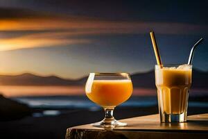 dos lentes de naranja jugo en un mesa con un puesta de sol en el antecedentes. generado por ai foto