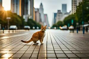 a cat is standing on a city street in the middle of the day. AI-Generated photo