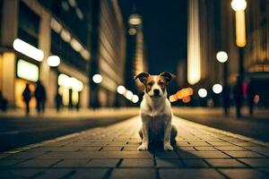 un perro sentado en el calle a noche. generado por ai foto