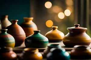 a collection of colorful vases on a table. AI-Generated photo