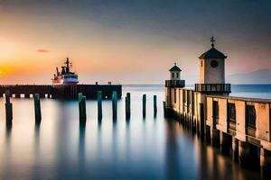 a boat docked at the pier at sunset. AI-Generated photo