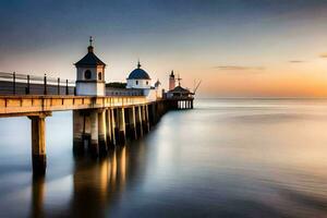 un largo exposición fotografía de un muelle a puesta de sol. generado por ai foto