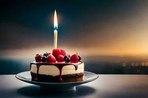 a birthday cake with a single candle on top. AI-Generated photo