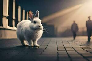 a white rabbit is walking on a street. AI-Generated photo