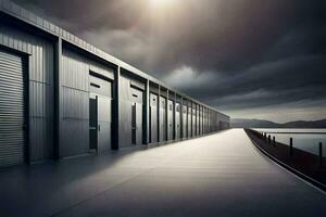 a long walkway with a dark sky and a row of metal doors. AI-Generated photo