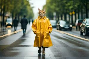 un gato en un amarillo impermeable caminando abajo un calle. generado por ai foto