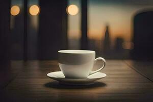 un taza de café en un mesa en frente de un paisaje urbano generado por ai foto