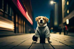 a dog wearing a jacket sits on the street at night. AI-Generated photo