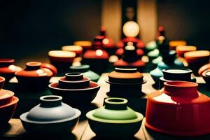 a row of colorful vases are lined up. AI-Generated photo