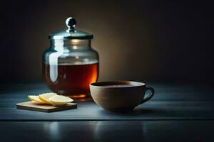 un taza de té y un tarro de miel en un de madera mesa. generado por ai foto