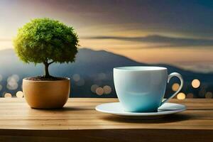 a coffee cup and saucer on a wooden table with a view of the city. AI-Generated photo