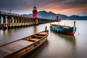 two boats docked at the pier with a red lighthouse in the background. AI-Generated photo