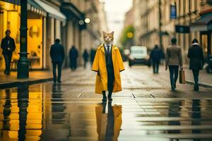 a fox wearing a yellow raincoat and tie walking down a street. AI-Generated photo