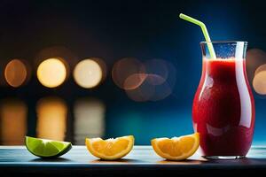 un vaso de rojo jugo con rebanadas de naranja y Lima. generado por ai foto