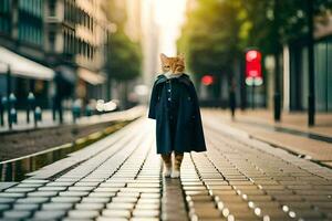 a cat in a coat walking down a street. AI-Generated photo