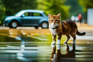 a cat walking on a wet road with a car in the background. AI-Generated photo