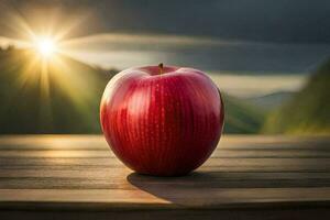red apple on a wooden table in front of the sun. AI-Generated photo