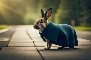 a rabbit wearing a blue coat standing on a road. AI-Generated photo