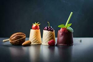 four ice cream cones with berries and nuts. AI-Generated photo