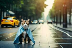 a cat wearing a cape on a city street. AI-Generated photo