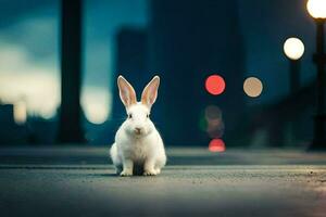 a white rabbit sitting on the street at night. AI-Generated photo