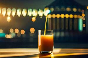 a glass of orange juice sitting on a table in front of a city skyline. AI-Generated photo