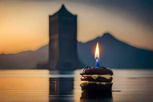 a cake with a candle on top in the water. AI-Generated photo