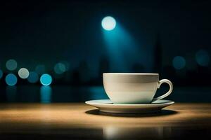 café taza en mesa con ciudad luces en antecedentes. generado por ai foto