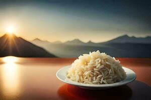 a plate of rice on a table in front of mountains. AI-Generated photo