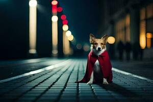 a dog wearing a red cape on a street at night. AI-Generated photo