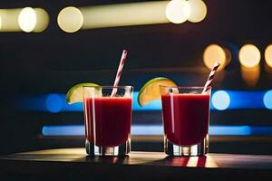 two glasses of red juice with straws and lime slices. AI-Generated photo