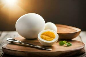 hard boiled eggs on a cutting board. AI-Generated photo