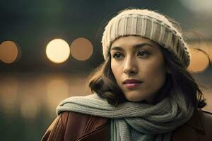 a woman wearing a scarf and hat in front of a lake. AI-Generated photo