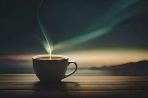 a cup of coffee on a table with a view of the ocean. AI-Generated photo