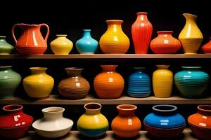 a shelf full of colorful vases. AI-Generated photo