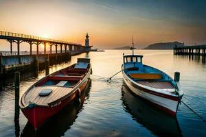 two boats docked at the pier at sunset. AI-Generated photo