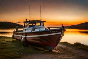 un barco se sienta en el apuntalar a puesta de sol. generado por ai foto