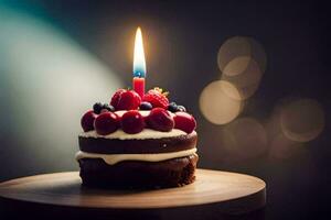 a birthday cake with a single candle. AI-Generated photo