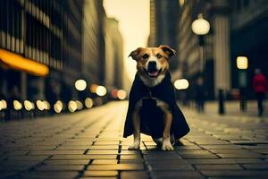 a dog wearing a cape on the street. AI-Generated photo