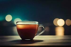 un taza de té en un de madera mesa en frente de un ciudad. generado por ai foto