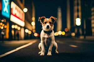 a dog sitting on the street at night. AI-Generated photo