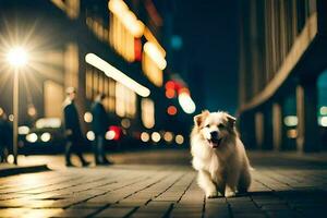 un perro es en pie en un calle a noche. generado por ai foto