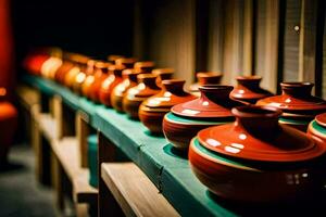 a row of red and green vases on a shelf. AI-Generated photo