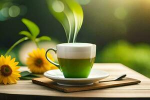 un taza de verde té con girasol en un de madera mesa. generado por ai foto