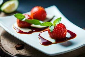 dos fresas en un blanco plato con salsa. generado por ai foto